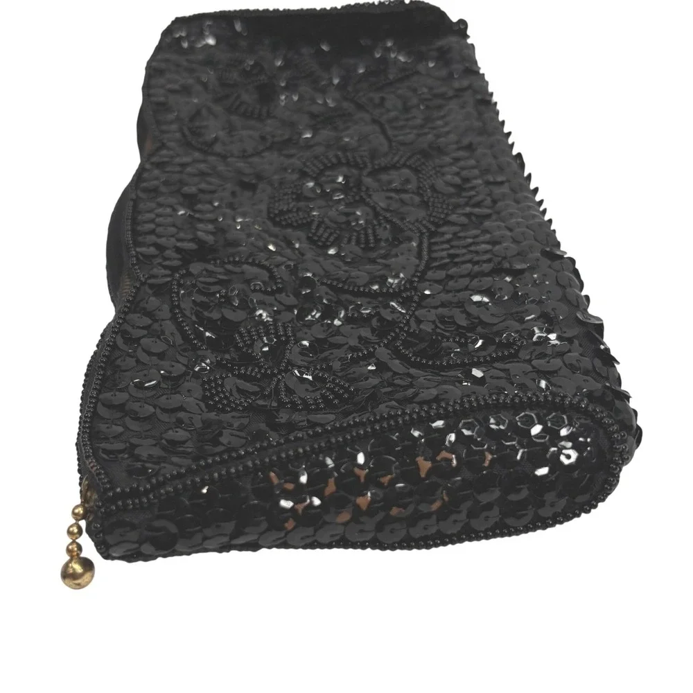 Vintage Women Cosmetic Bag Pouch Sequin Beaded Scalloped Edge Black Gatsby Glam